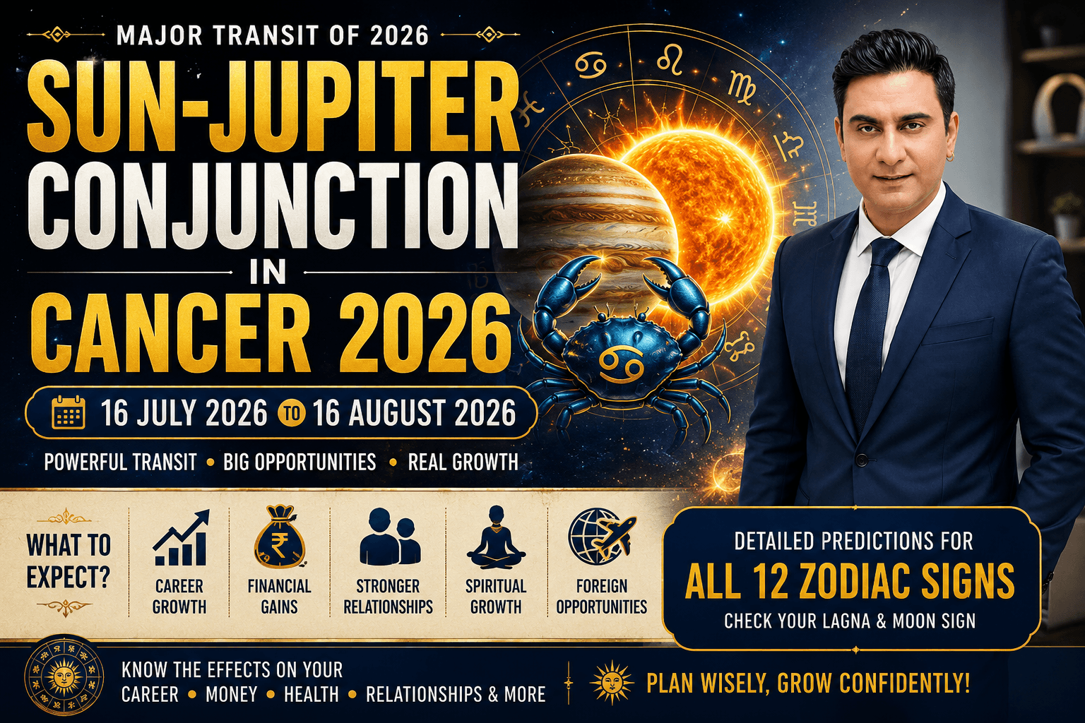 Sun-Jupiter Conjunction in Cancer 2026: Predictions for All Zodiac Signs, Dates, Effects & Remedies