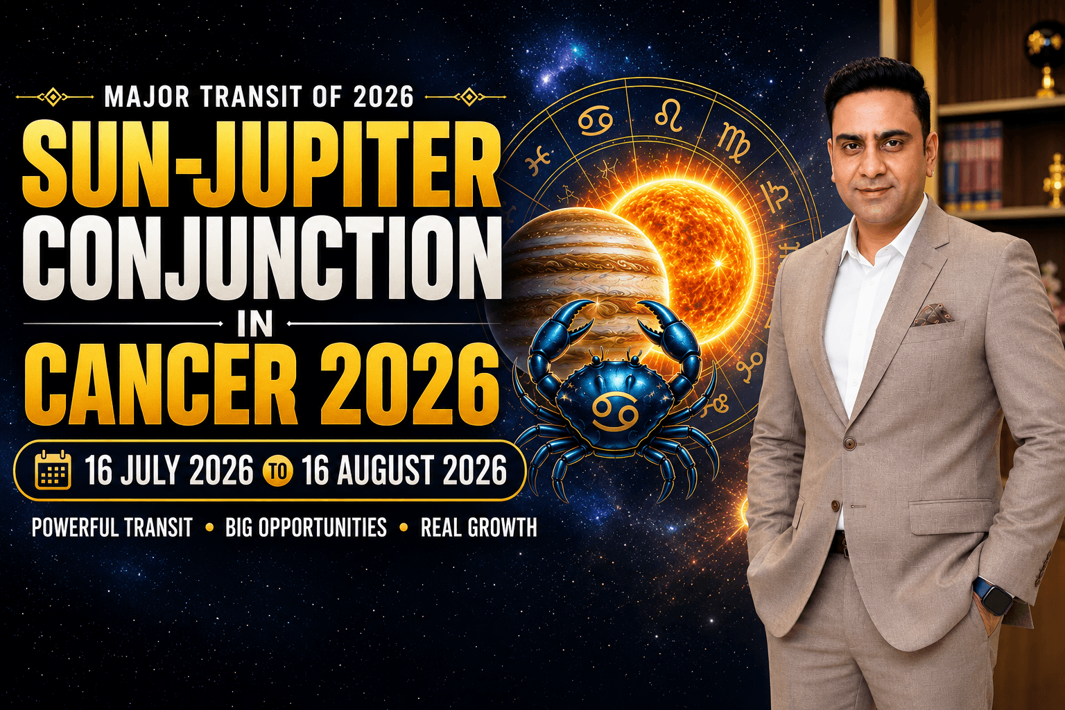Sun-Jupiter Conjunction in Cancer 2026 featuring astrologer Amit Kapoor with zodiac wheel, Sun, Jupiter, Cancer symbol, and predictions for all 12 zodiac signs from 16 July to 16 August 2026.