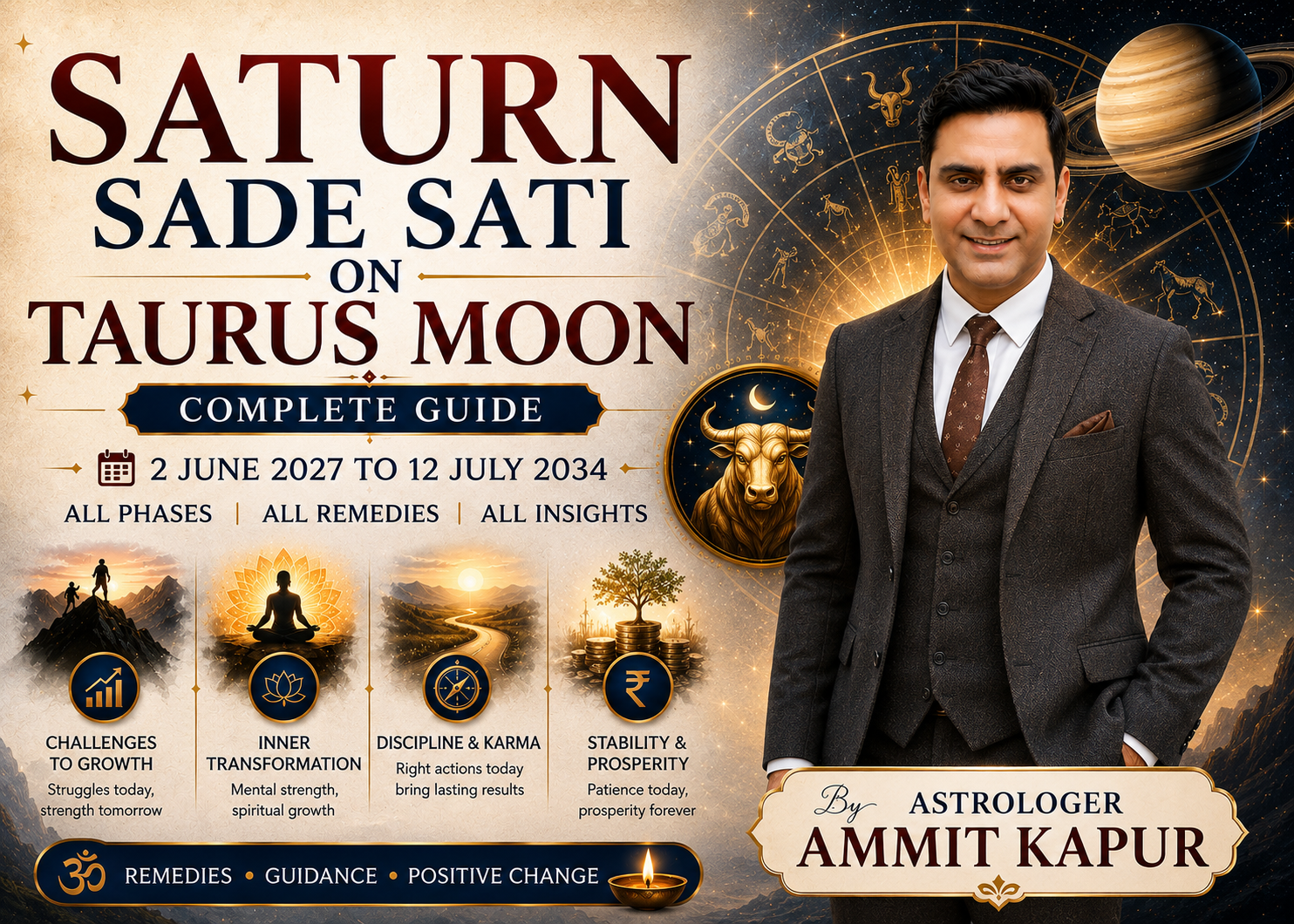 Saturn Sade Sati on Taurus Moon 2027–2034 banner featuring Astrologer Ammit Kapur, Saturn, Taurus zodiac symbolism, and astrology-themed elements.