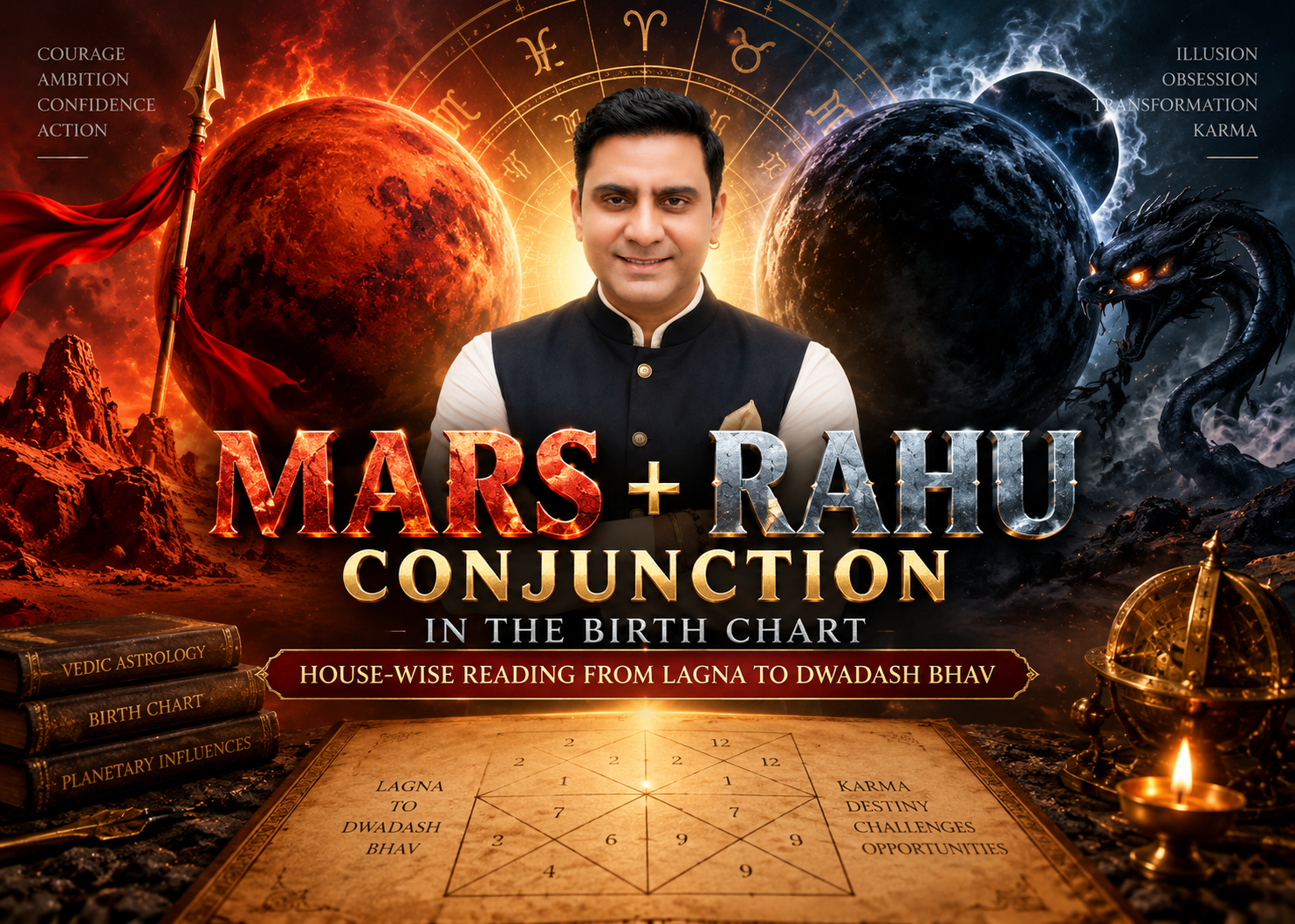 Mars+Rahu Conjunction in the Birth Chart: House-Wise Reading from Lagna to Dwadash Bhav