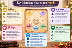 Key marriage houses in a Kundli showing the 2nd house of family, 5th house of romance, 7th house of marriage, 9th house of traditions, and 11th house of wishes in Vedic astrology.
