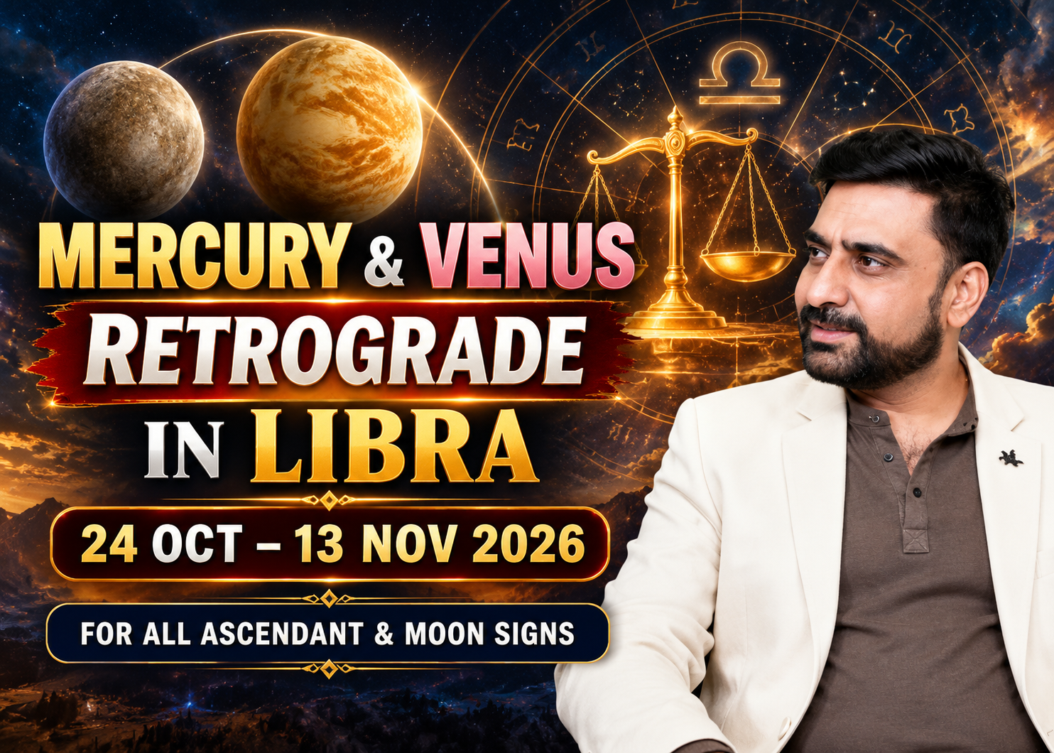 Mercury, Venus Retrograde Transit in Libra: 24 October to 13 November 2026 for 12 Asc. &  Moon Signs