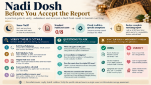 Nadi Dosh report verification guide showing five details to check, four questions to ask an astrologer, cancellation-rule checks and the meaning of a 0/8 Nadi Koot score.